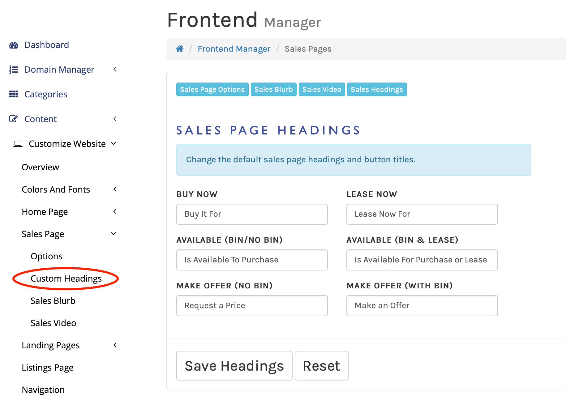 Customizing Headings in Sales Pages